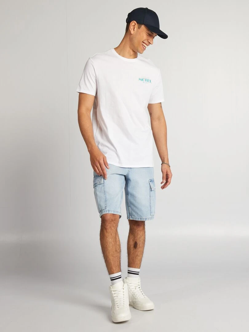 T shirt en coton imprimé à col rond   Blanc 'motel'