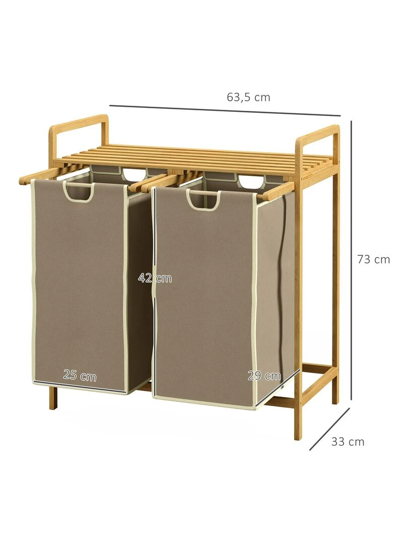 Panier à linge corbeille à linge bambou 2 paniers amovibles crème   Beige/Blanc