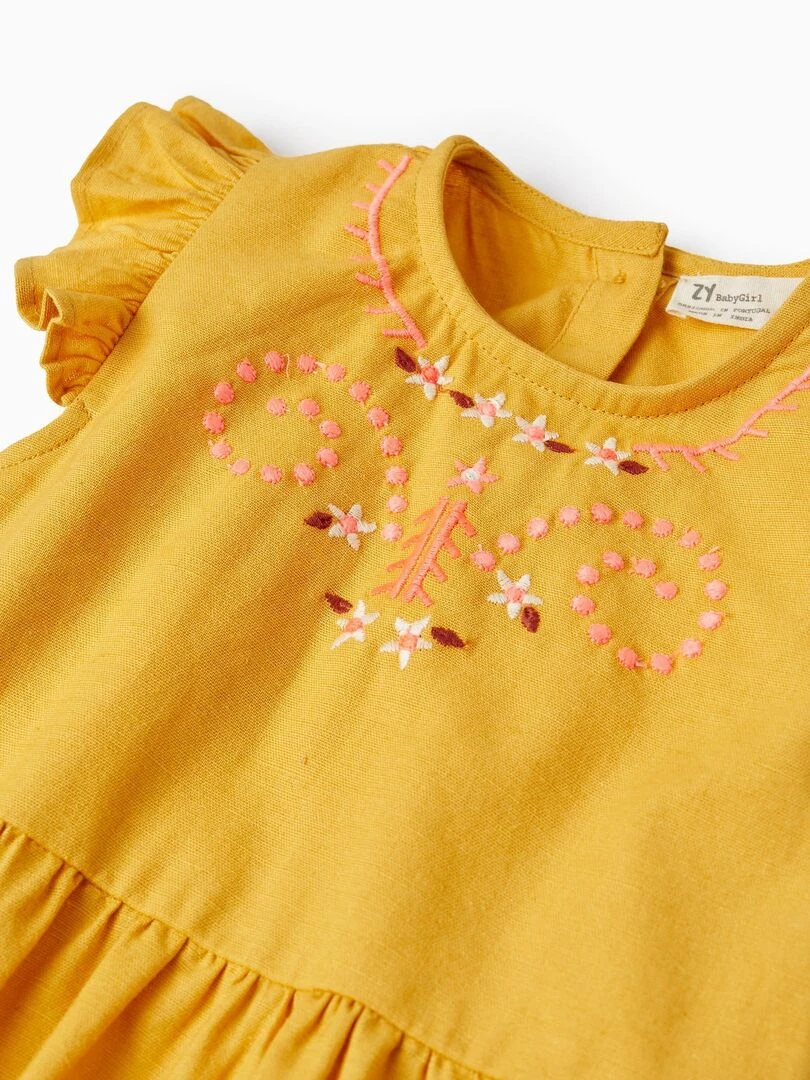 Combinaison En Coton Et Lin Avec Broderies Pour Bébé Fille   Jaune