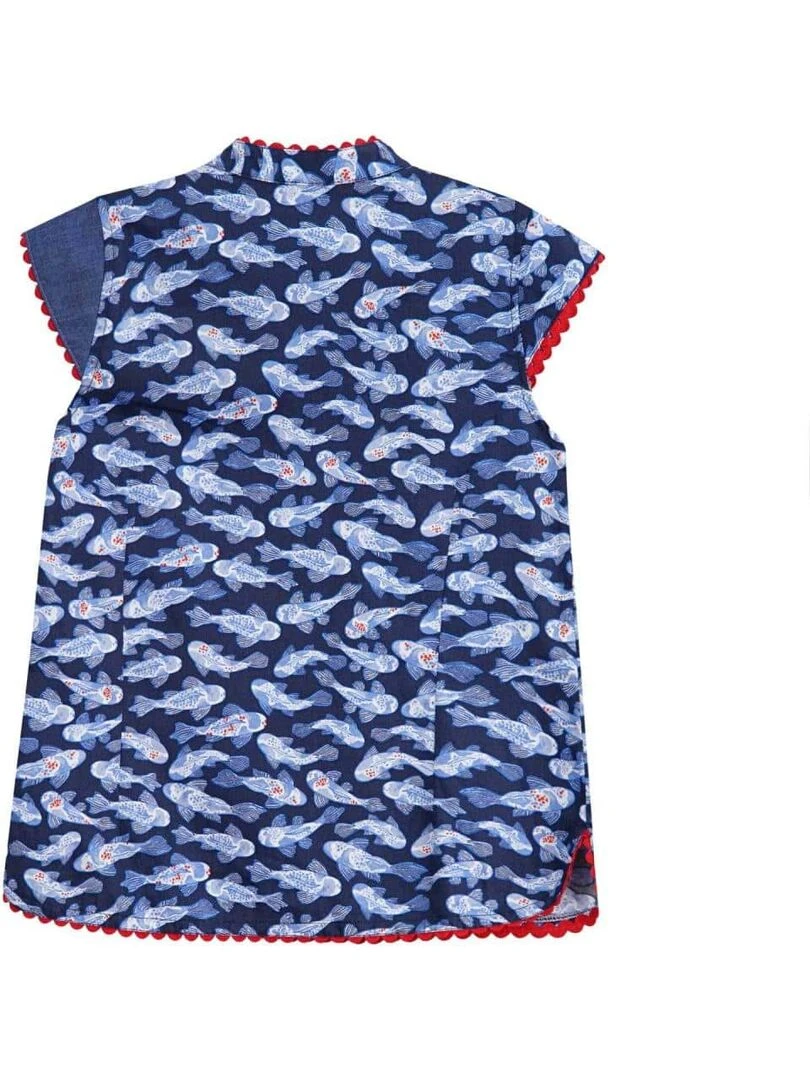 Blouse chinoise     poissons khoi   ANNAM   'LA FAUTE A VOLTAIRE'   Bleu