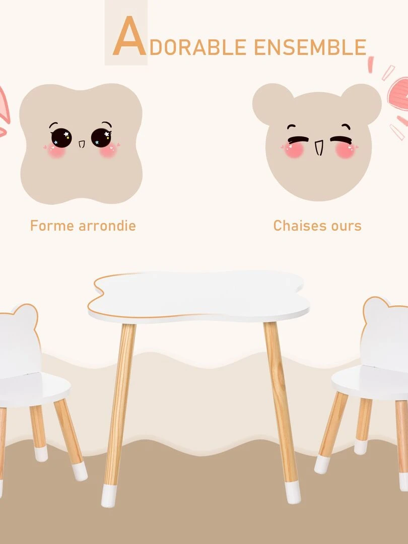 Ensemble table et chaises enfant design scandinave motif ourson blanc bois pin   Blanc