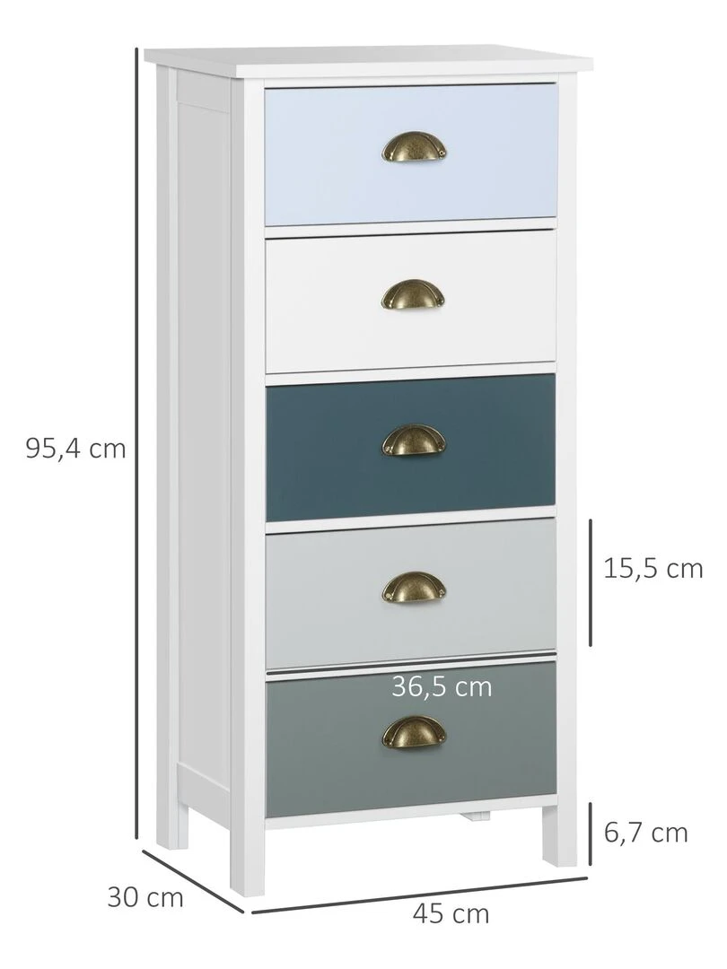Chiffonnier 5 tiroirs design néo rétro blanc bleu gris   Blanc