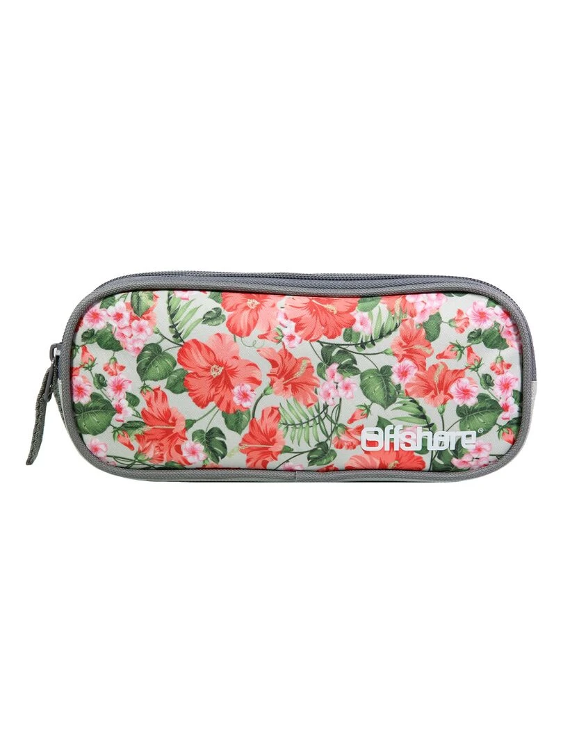 BAGTROTTER Trousse scolaire 2 compartiments Offshore Grise Fleurs Beige