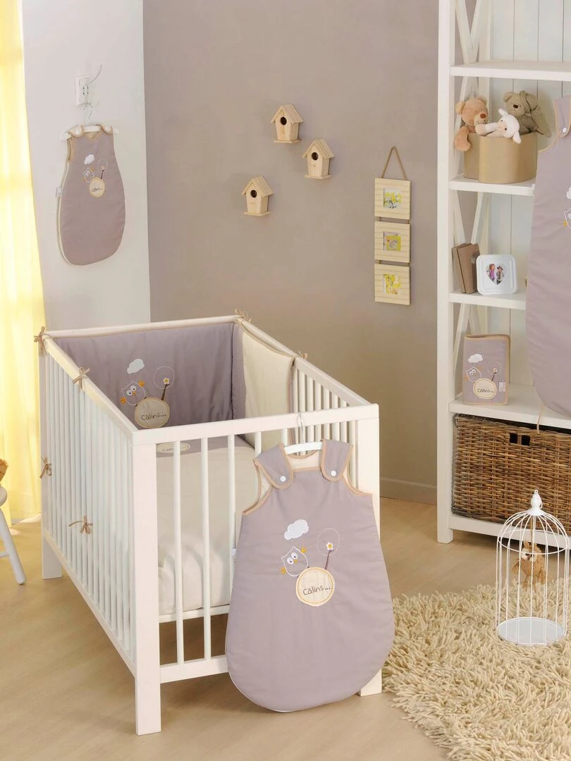 Parure de lit housse de couette brodée + taie Coton bio 'P'tit Basile' Beige