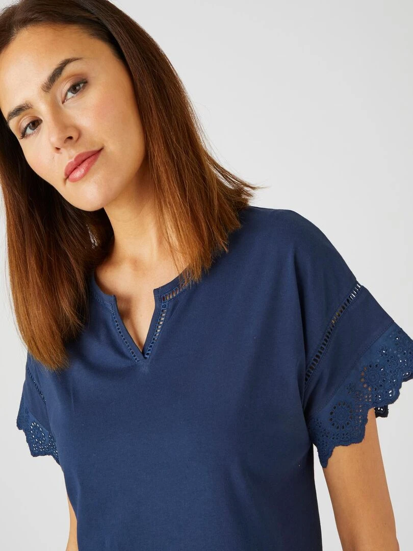 T shirt broderies anglaises pur coton Damart Bleu marine