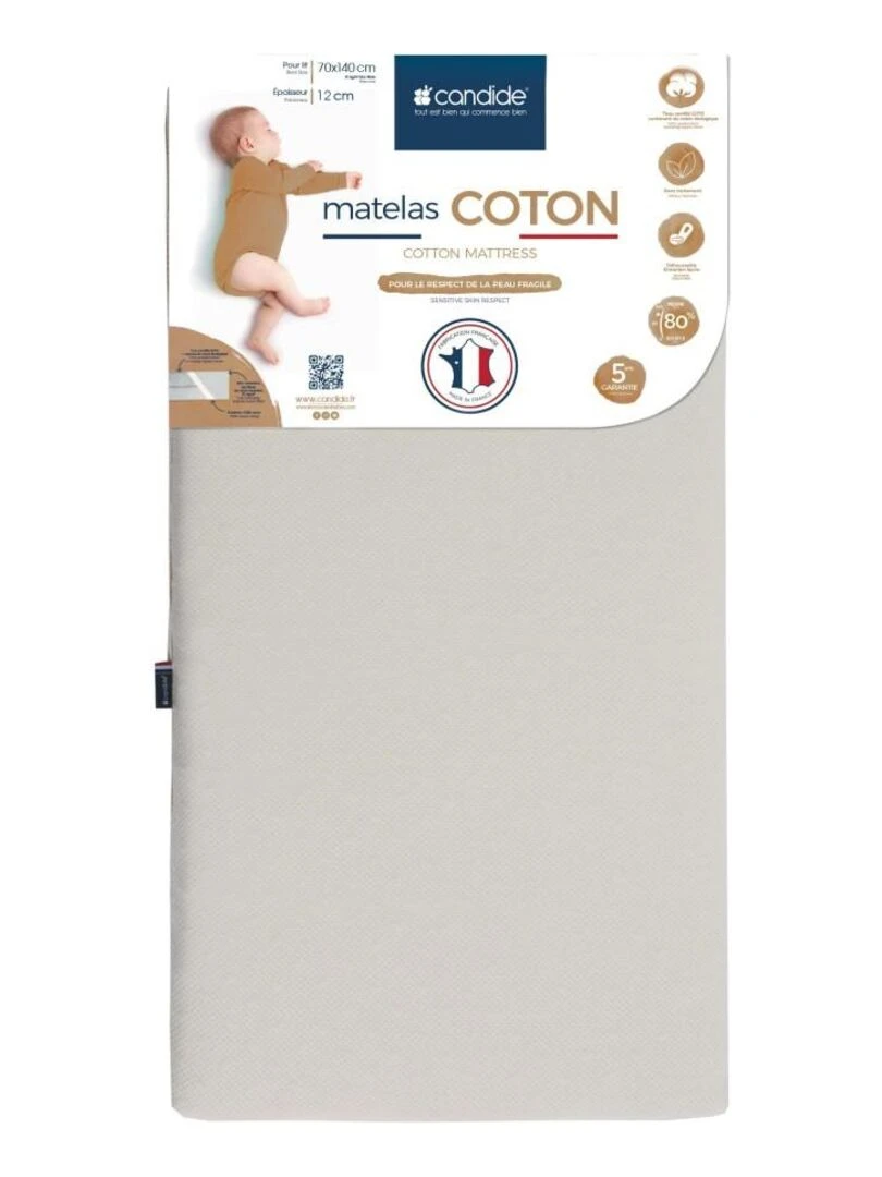 Matelas Bébé Organic Coton 70 cm x 140 cm x 12 cm Beige