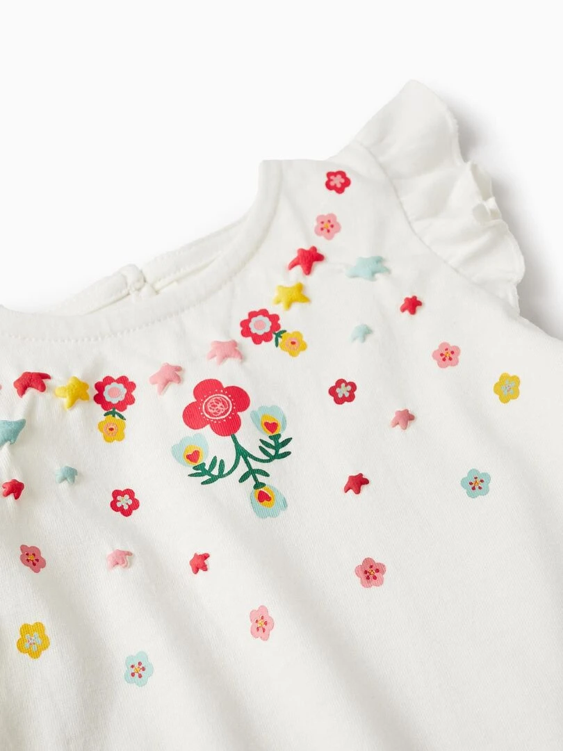 T Shirt + Short Pour Bébé Fille 'Fleurs'  CUBA   Blanc