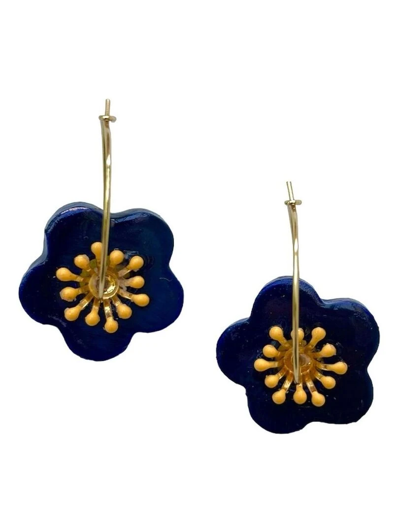 Boucles d'oreilles  créoles fleur bleue en céramique   Modèle unique artisanal   Bleu