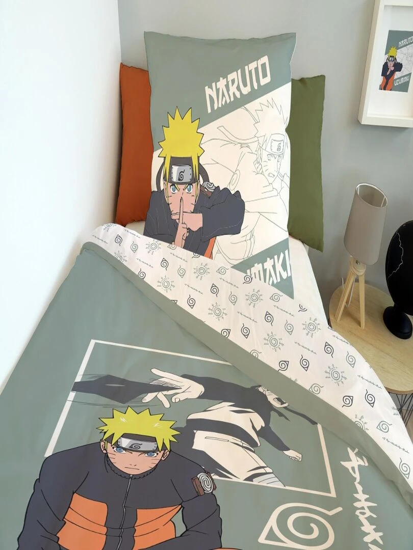 Housse de couette Naruto Uzumaki 140x200 cm et taie d'oreiller   100% Coton   Vert