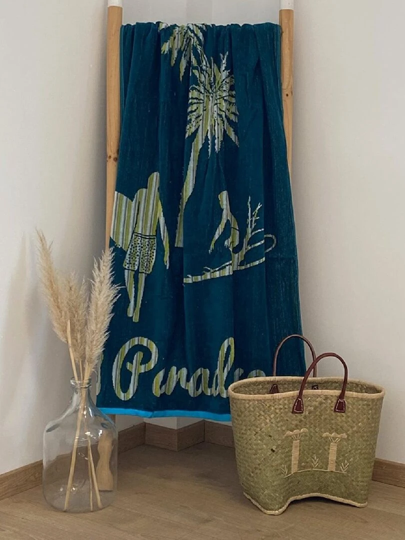 Serviette de plage éponge velours Jacquard Canoa 90x160 Bleu canard