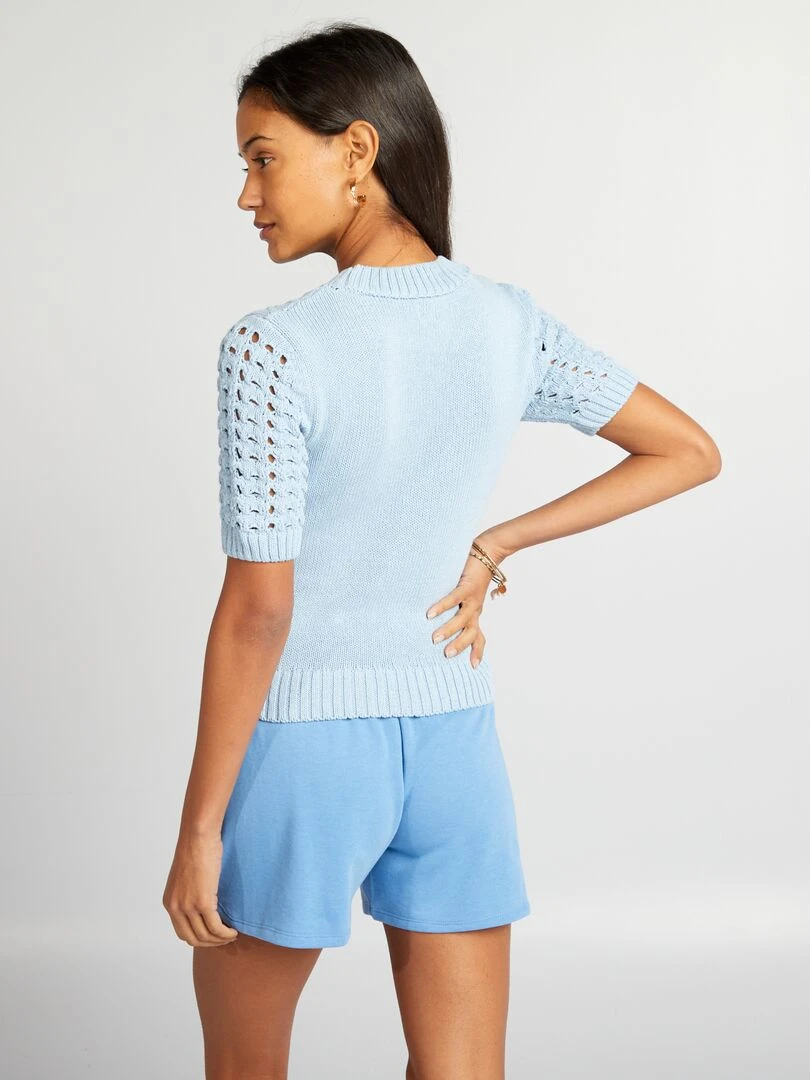Pull en maille ajourée à manches courtes   Bleu