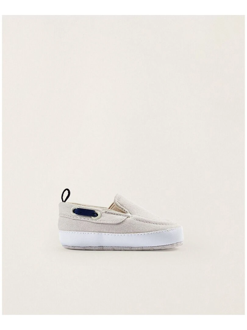 Chaussures Bateau en Tissu et Cuir pour Nouveau Né ATLANTIC COMPANY Gris clair