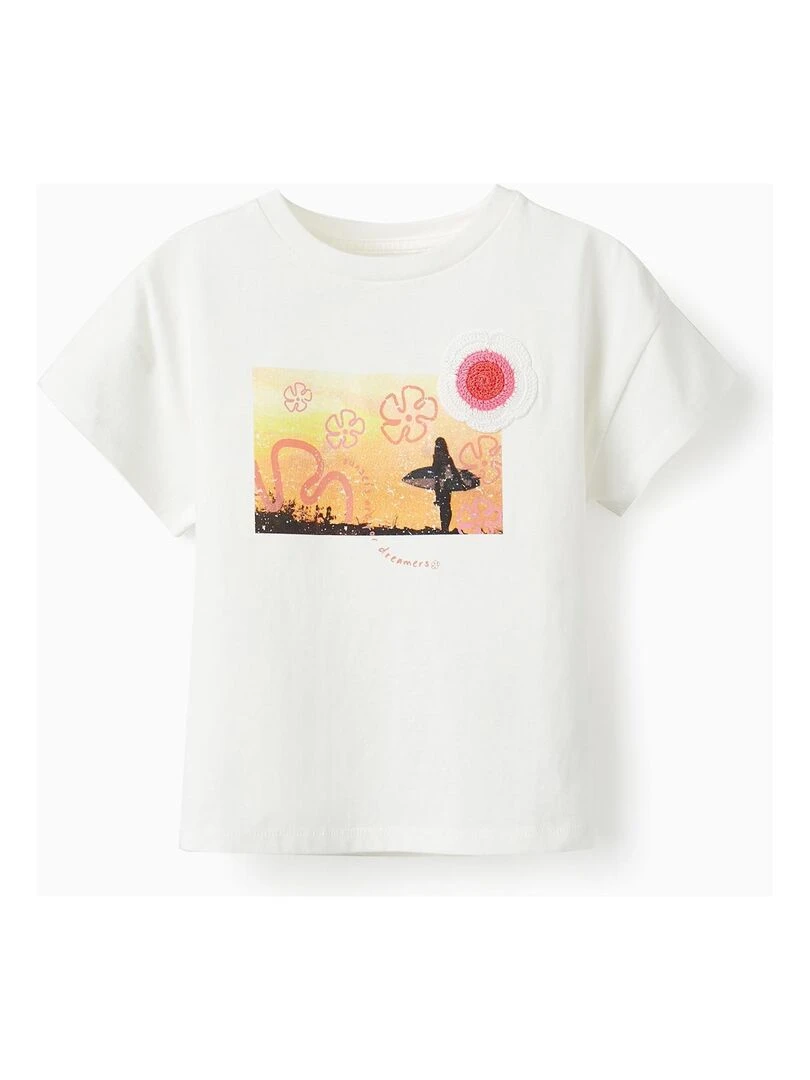 T shirt à manches courtes avec broderies pour fille manches courtes THE WAVE TRIBE Beige clair