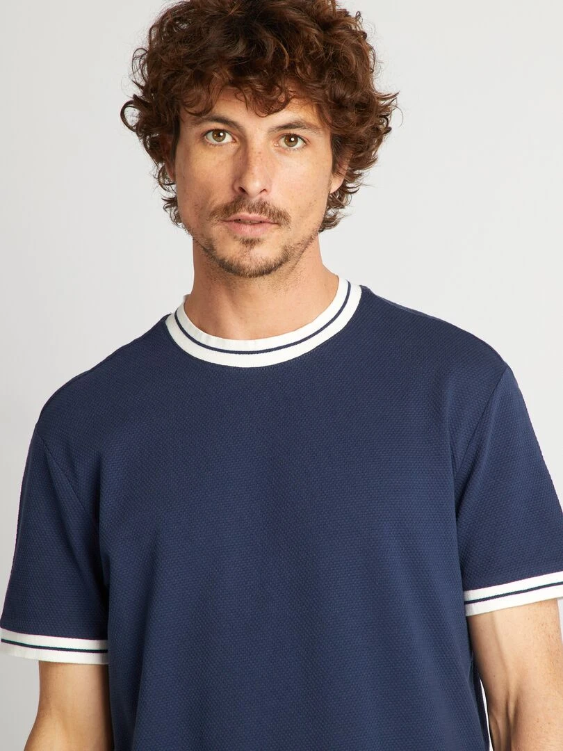 T shirt texturé à liserés contrastants   Bleu nuit