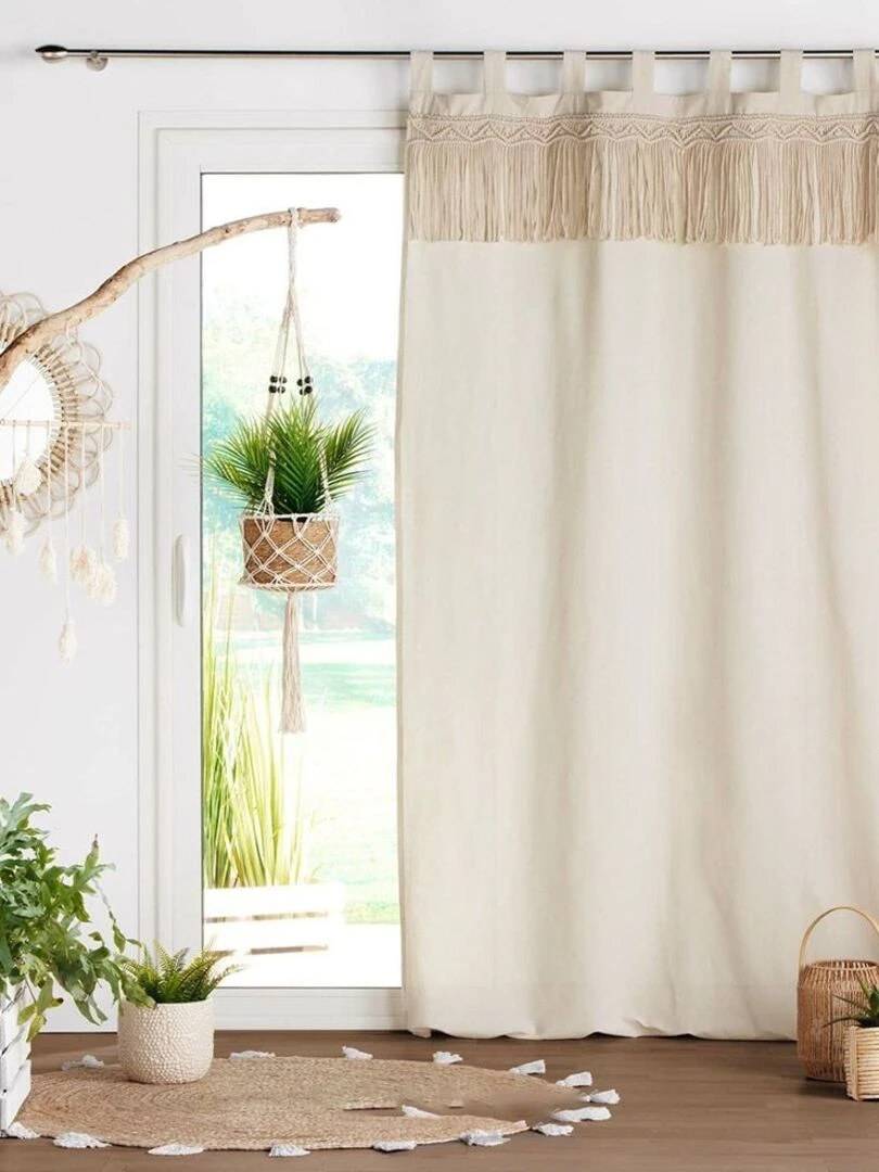 Rideau à passants 140x240 uni top macramé Samaya polycoton   Beige