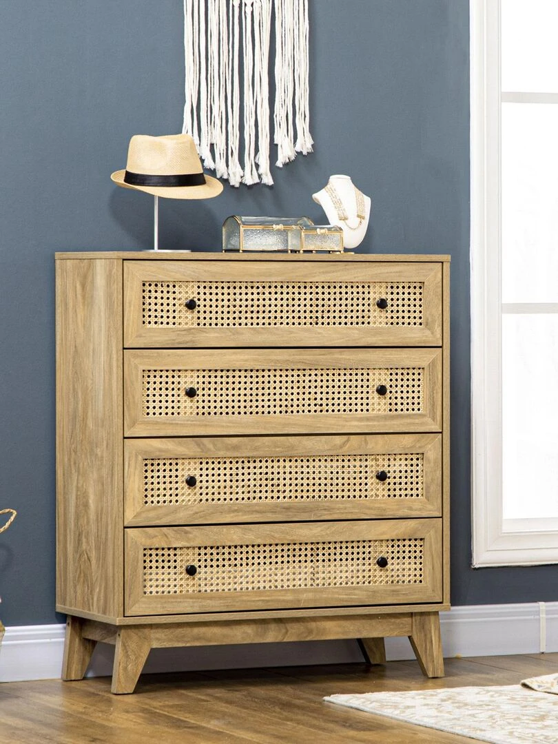 Commode 4 tiroirs style bohème rotin aspect bois manguier Beige