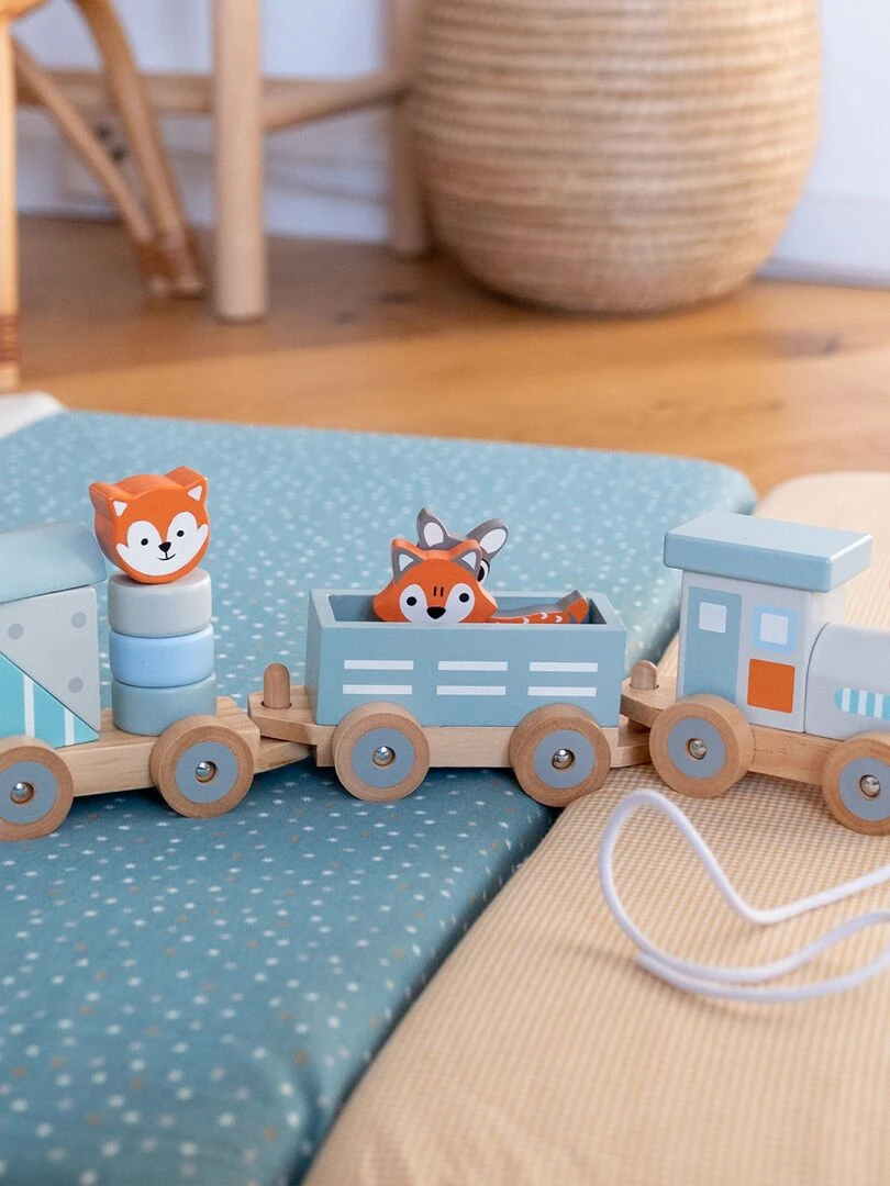 Petit train les animaux du zoo en bois rayures Bleu Orange