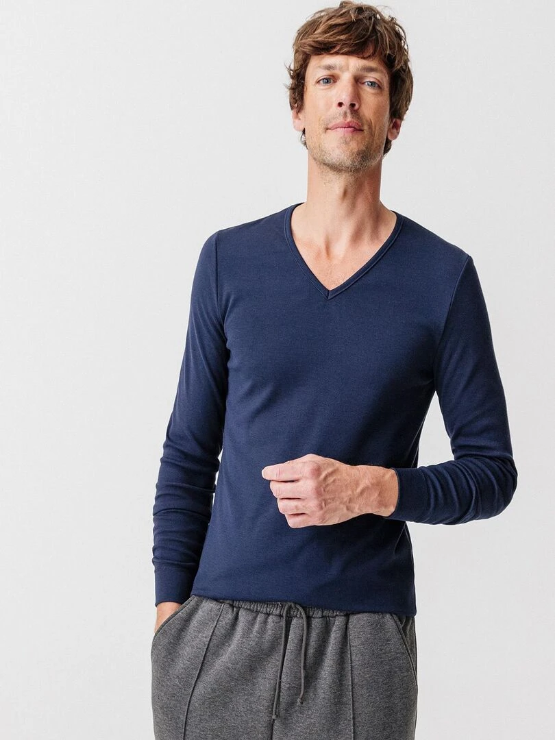 T shirt col V maille interlock Thermolactyl Damart Bleu marine