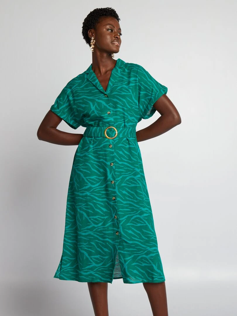 Robe midi avec lin mélangé et ceinture Vert imprimé
