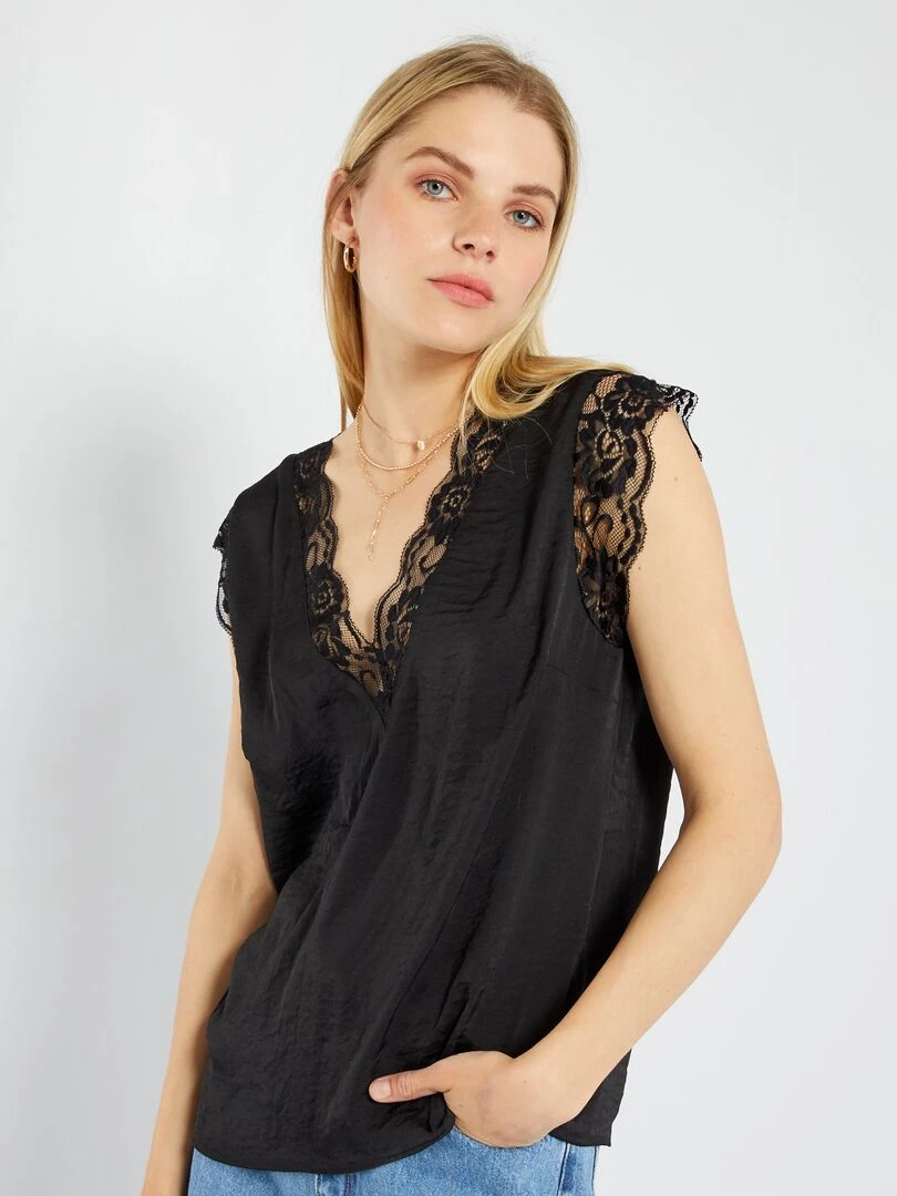 Blouse satinée avec dentelle   noir