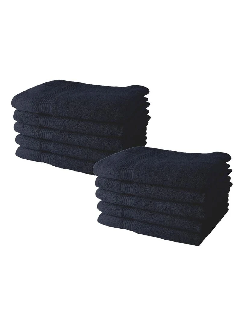 Lot de 10 serviettes de toilette coton uni ESSENTIAL Bleu marine