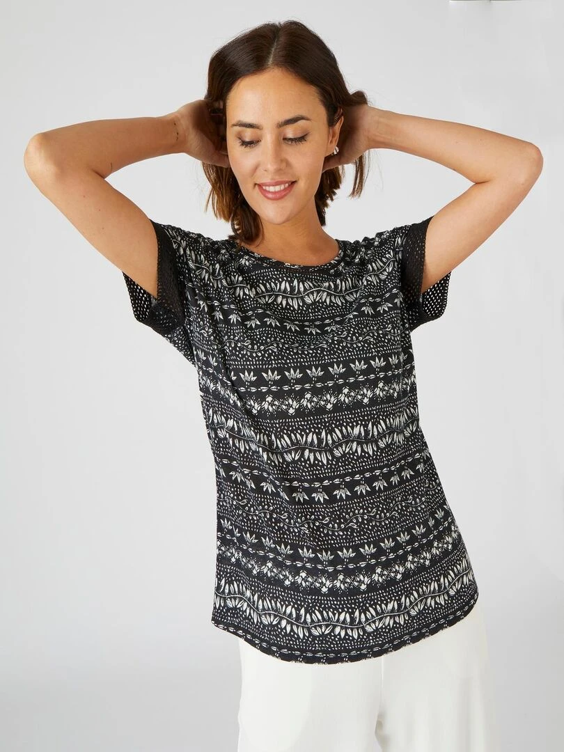Tee shirt détails fantaisie mélange lin  manches courtes    Damart   Noir Blanc