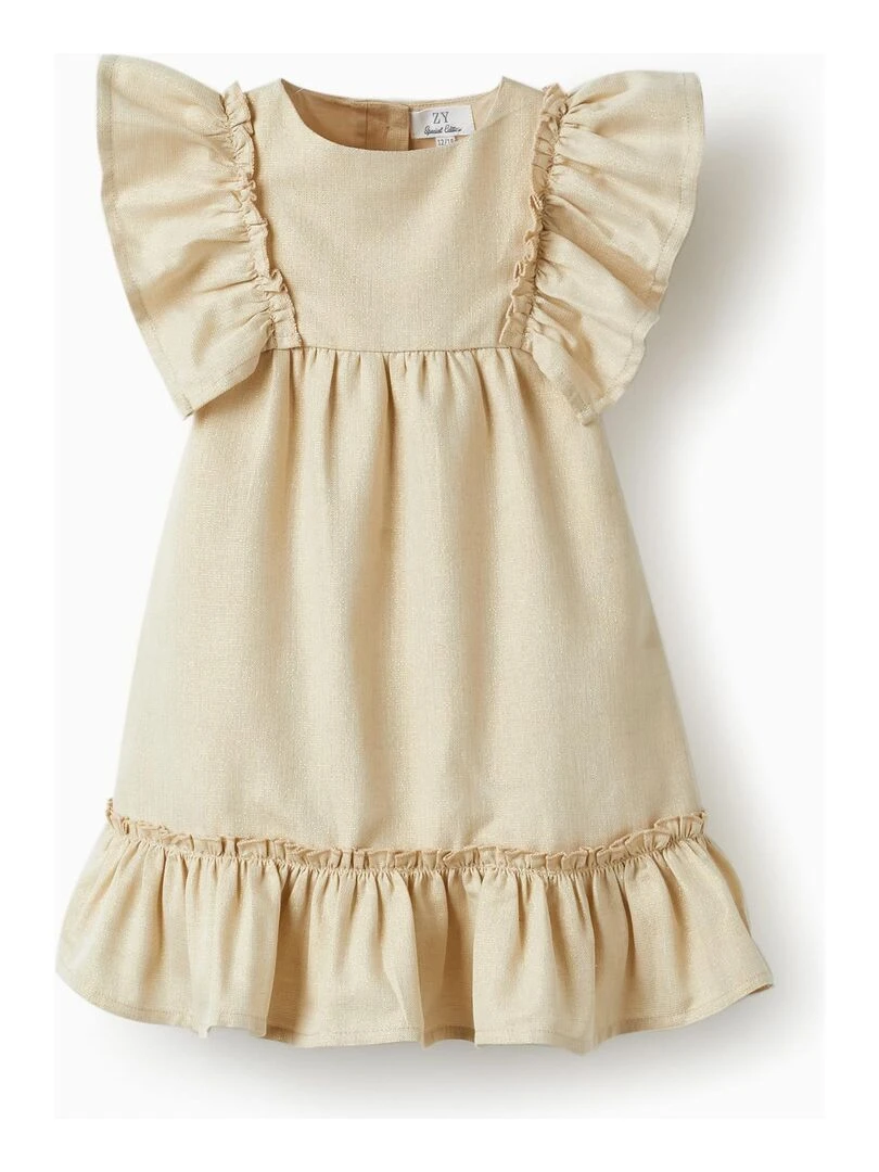 Robe avec Volants et Fils Lurex pour Bébé Fille manches courtes CÉRÉMONIE Beige
