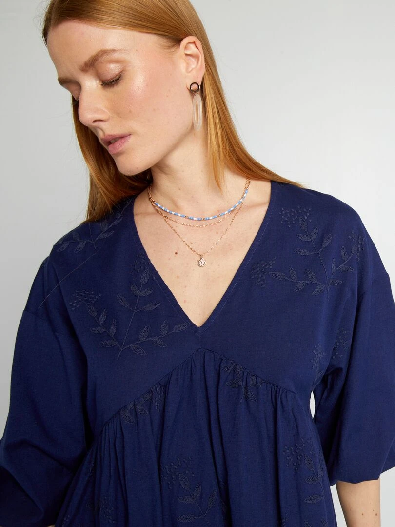Robe avec motifs brodés lin mélangé   Bleu