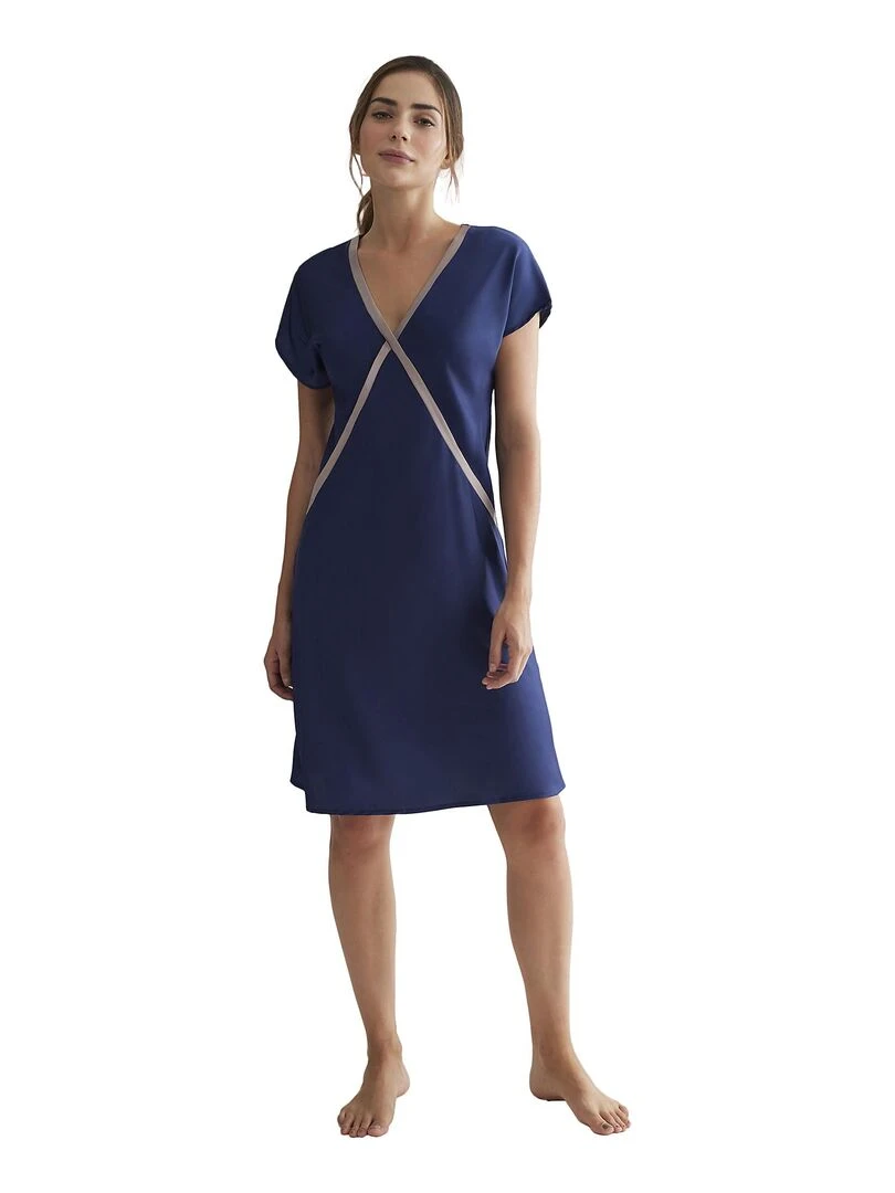 Chemise de nuit manches courtes Satin Bleu marine