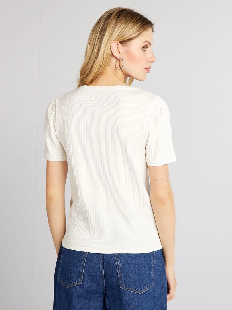 T shirt côtelé à col plongeant   blanc