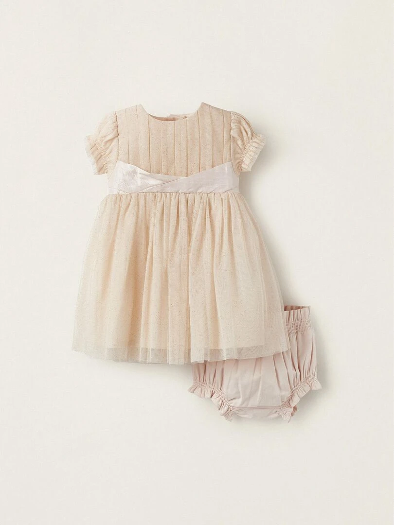 Robe en tulle avec paillettes + Bloomer pour nouveau nés manches courtes CÉRÉMONIE Rose