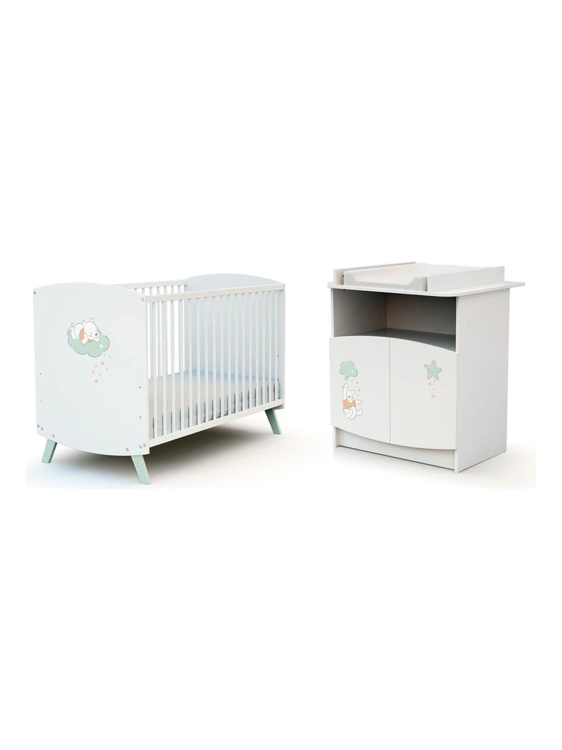 AT4 Chambre bébé lit et commode à langer en bois DISNEY Up in the Sky Winnie Blanc Blanc
