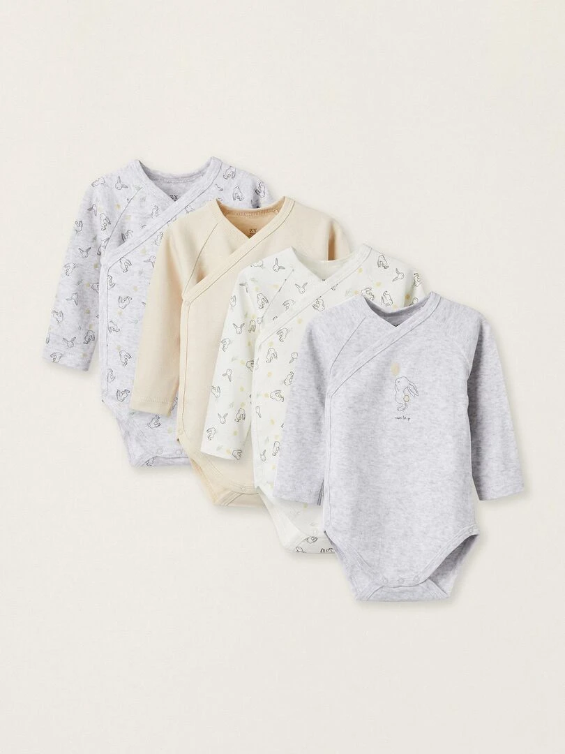 Pack 4 Bodies en Coton pour Nouveau Né 'Bunnies' manches longues EARLY BLOOM Multicolore