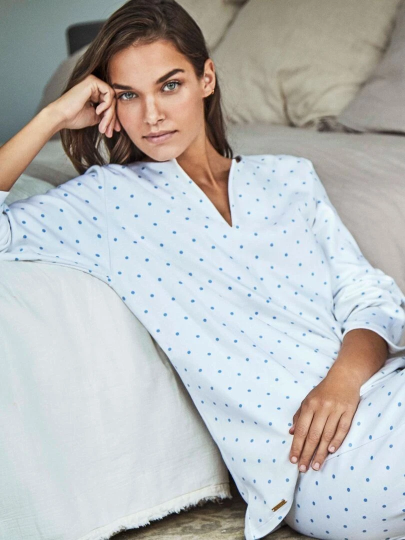 Pyjama pantalon tunique manches longues Dots   Blanc