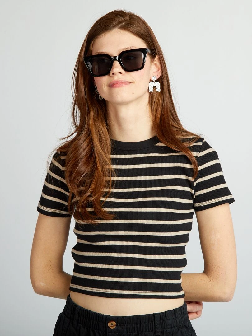 Tee shirt crop top marinière   Noir/beige