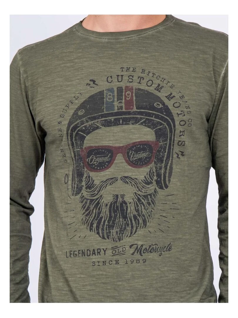 T shirt manches longues col rond pur coton JUMAPAL   Kaki