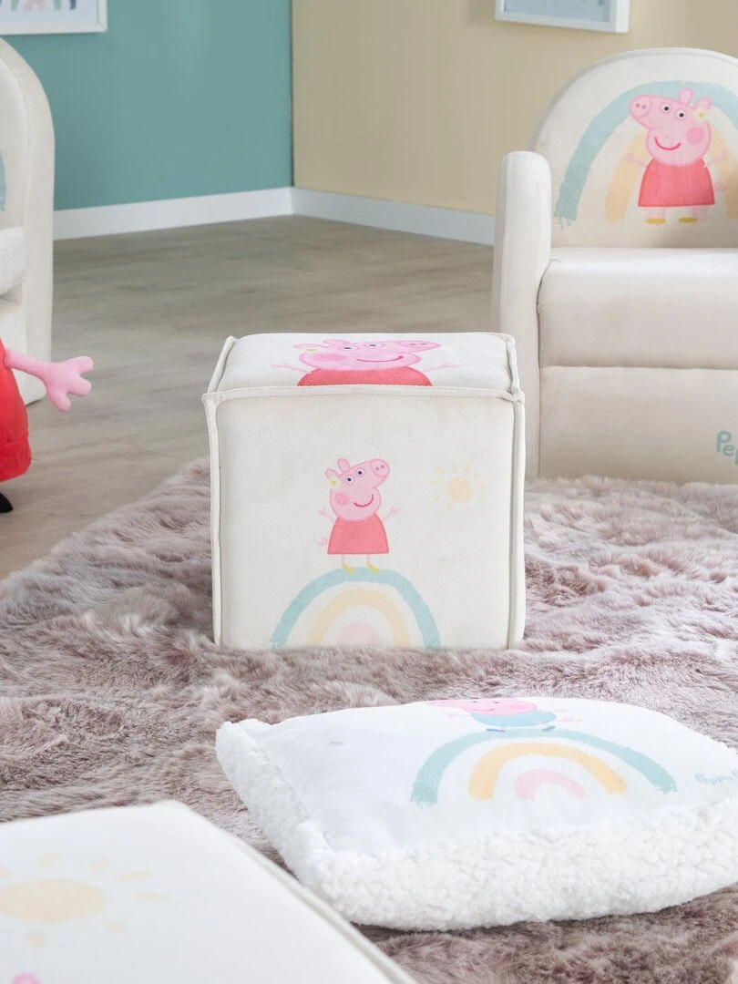 ROBA Pouf Bébé en Forme de Cube Peppa Pig   Tabouret Enfant en Velours Doux   Beige   Motif Cochon   Beige