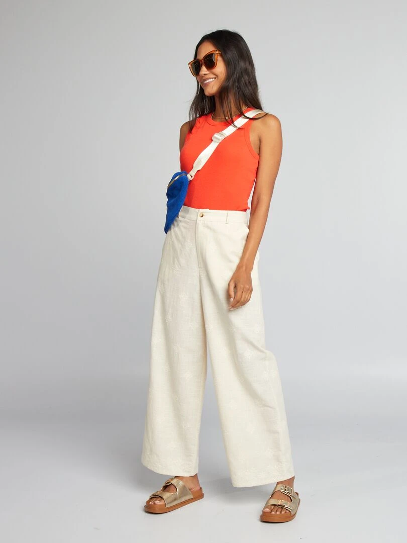 Pantalon large avec motifs brodés Beige