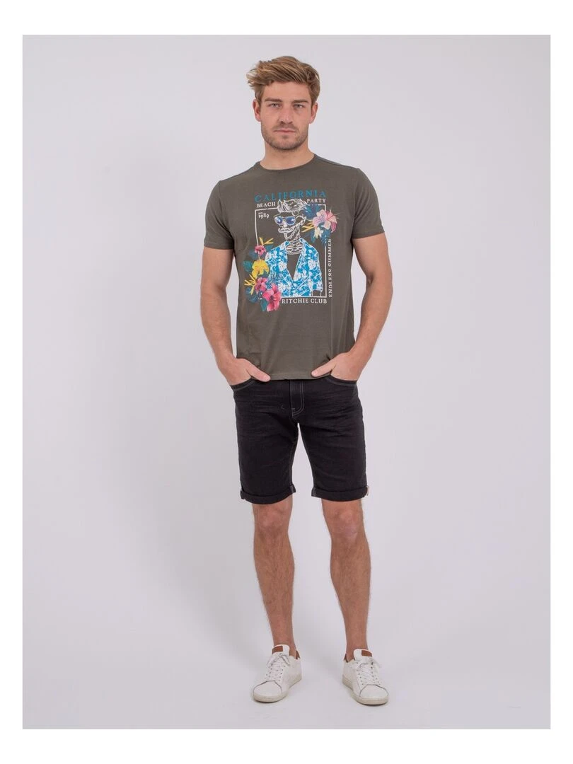 T shirt manches courtes col rond pur coton NUMILAN   Kaki