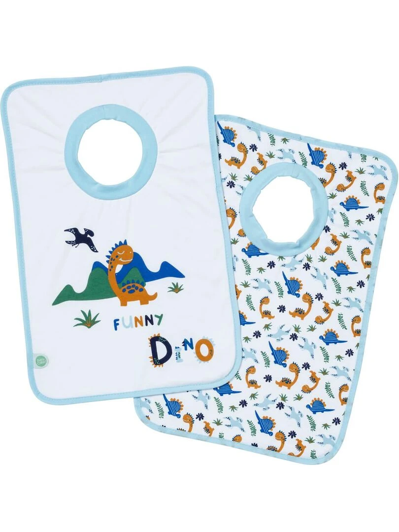 2 bavoirs passe tête 6 mois Funny Dino Bleu Vert