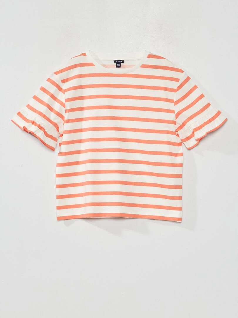 T shirt rayé à manches volantées Corail