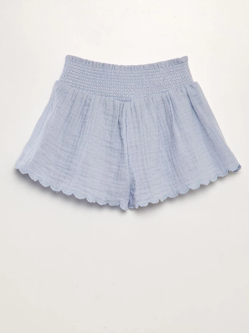 Short en gaze de coton avec taille smockée Bleu