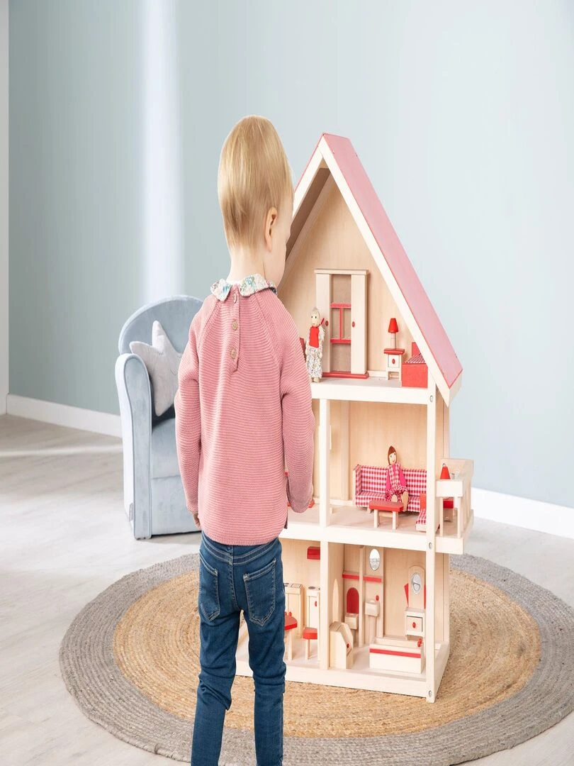 ROBA Maison de poupée + meubles et poupées – bois naturel/rouge   N/A