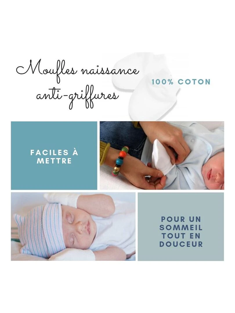 Pack cadeau naissance avec moufles anti griffures   Blanc