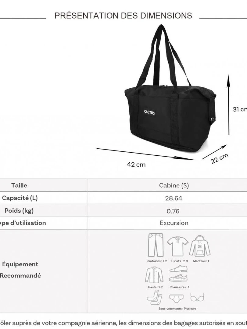 Sac de voyage week end 28L déperlant sans roulettes   Noir