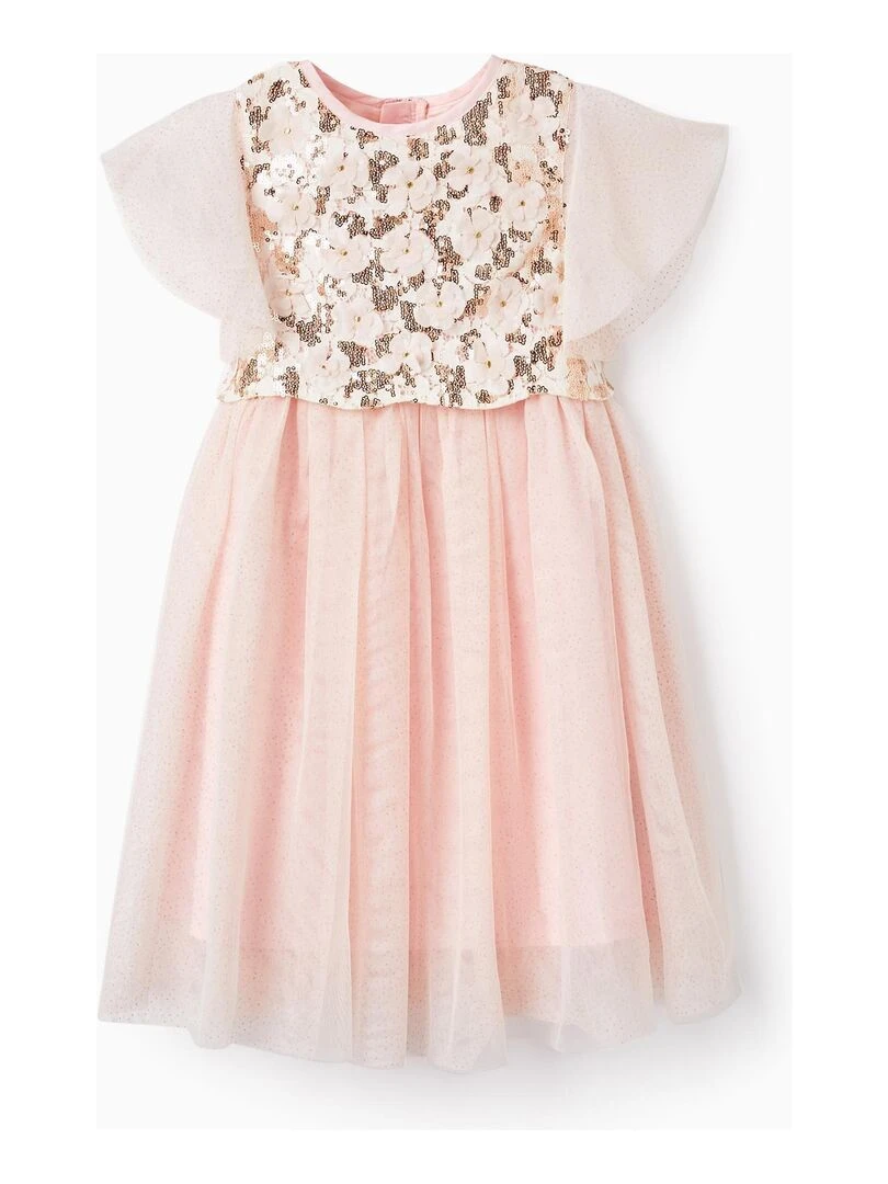 Robe en tulle avec fleurs manches courtes CÉRÉMONIE Rose