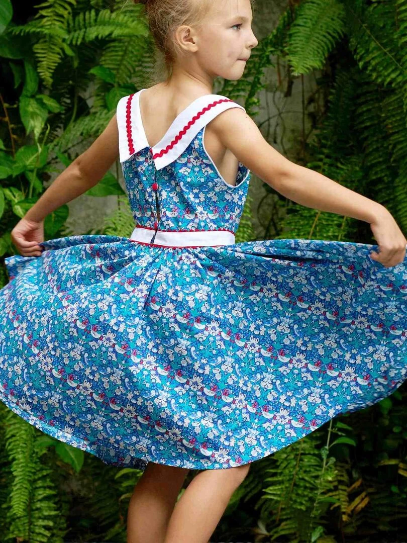 Robe Cérémonie Fille Fleurie Bleu Rouge Col Bat HEPBURN La Faute à Voltaire Bleu