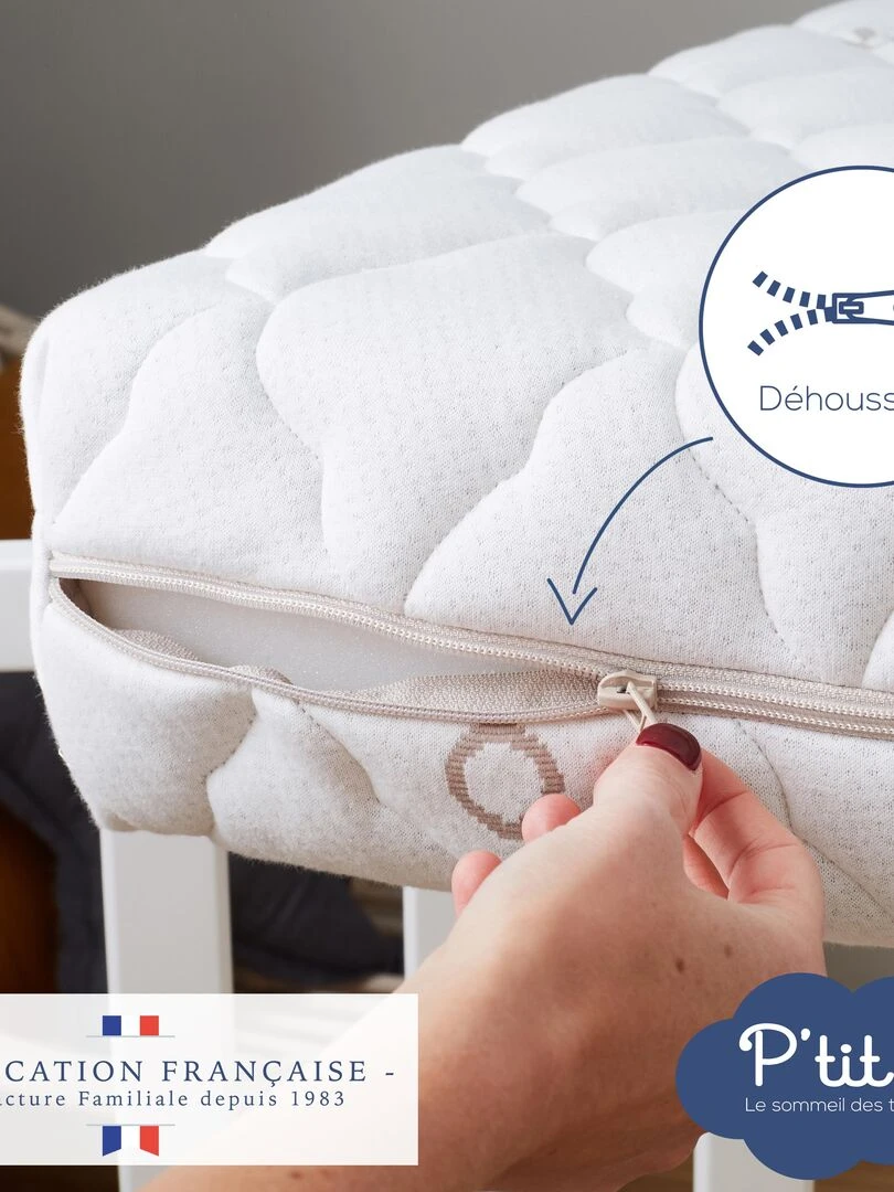 Matelas Bébé Coton Bio   60x120x10 cm   Déhoussable   Blanc