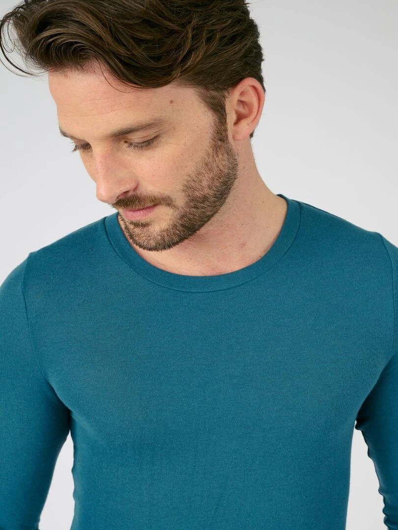 T shirt col rond manches longues fine côte Thermolactyl Sensitive   Damart   Bleu pétrole