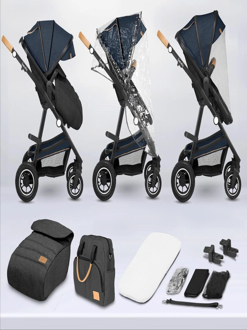 LIONELO Amber   Poussette bébé 3en1   Jusqu'à 22Kg   Nacelle  Cosy Siège auto  Accessoires   iSize   Bleu Noir